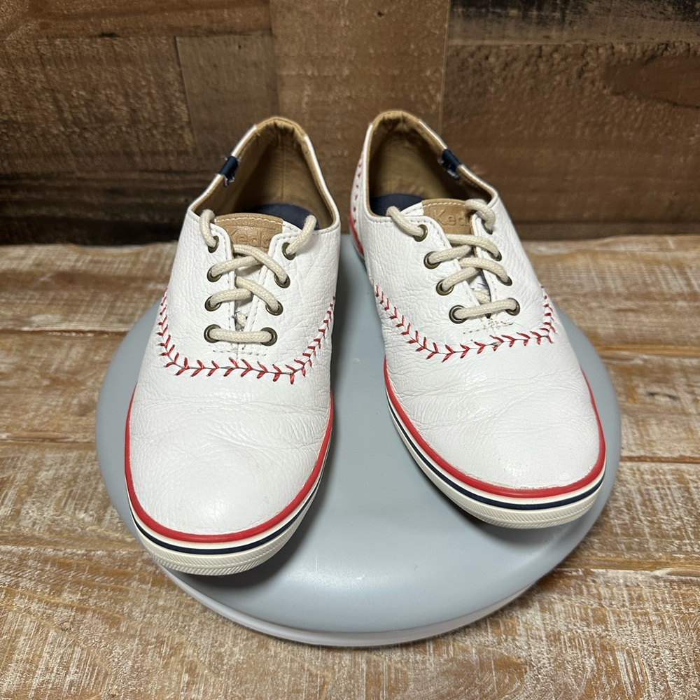 Keds Baseball Stitch Leather Shoes White Red Women’s Size 7 Lace-Up Sneakers - Picture 5 of 9